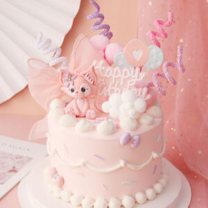 Little Fox Pink Bow Curly Stick Cake Topper Decoration