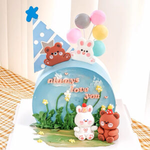 Bear And Bunny Birthday Hat And Balloons Cake Topper and Decoration