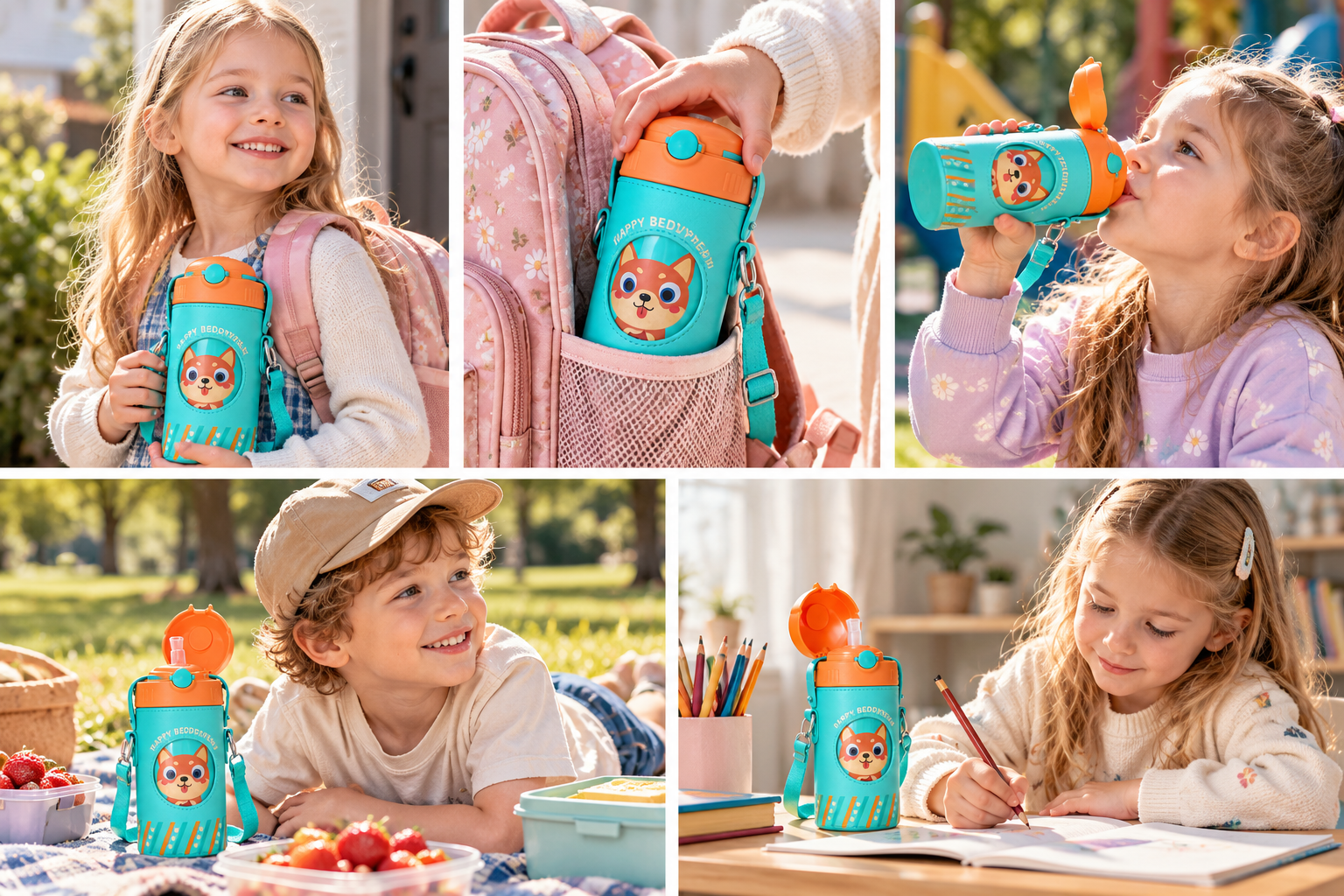 Cute Dog Kids Insulated Water Bottle with Straw 520ml